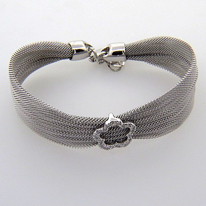 pulsera tela mediana tipo malla con flor de cubic blanco